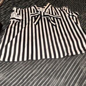 Black and White Striped Blouse with Bow